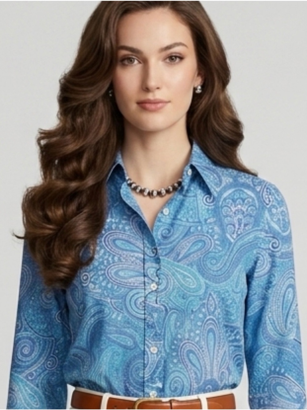 Lauren Ralph Lauren 100% Cotton Blue Paisley Button Spring Summer Blouse Top M
